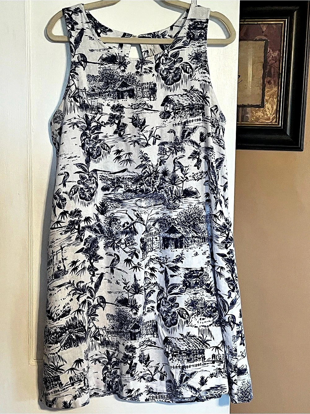 joie Tropical Toile Print Linen Blend Dress White & Blue Large